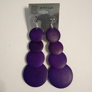 New Dark Purple 4 Tier Graduating Round Dangling Wooden Disc Silver Fish Hooks